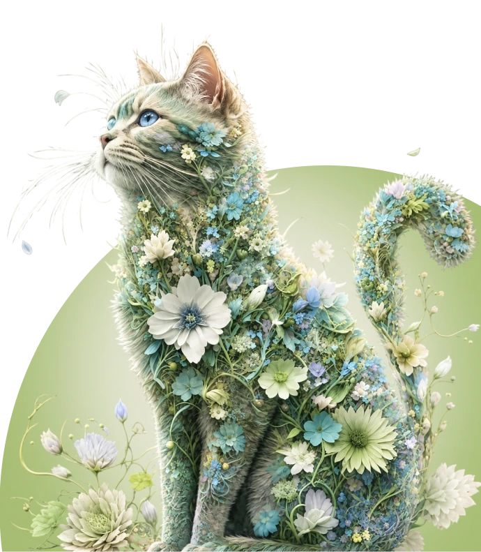 Кошка, сложенная из цветов и зелени, на светло-зелёном круглом фоне
